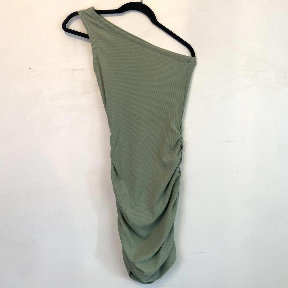 LULUS sage green ribbed one shoulder ruched mini dress - Picture 3 of 8